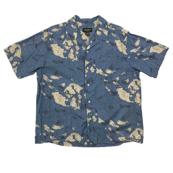 Vintage Eddie Bauer Shirt Mens Large Blue Map Geography Cotton Blend Relaxed Fit - Picture 1 of 11